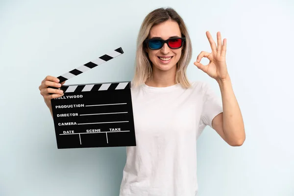 Blonde Woman Feeling Happy Showing Approval Okay Gesture Film Movie — Stockfoto