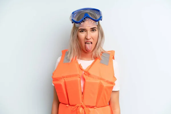 Blonde Woman Feeling Disgusted Irritated Tongue Out Life Jacket Summer — Stock Photo, Image