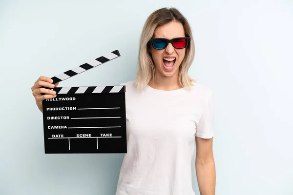 Blonde Woman Shouting Aggressively Looking Very Angry Film Movie Concept — Stockfoto