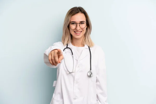 Blonde Woman Pointing Camera Choosing You Medicine Student Concept — Stockfoto