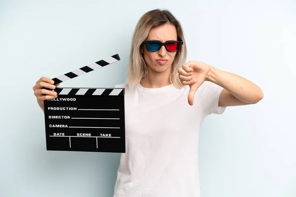Blonde Woman Feeling Cross Showing Thumbs Film Movie Concept — Stockfoto