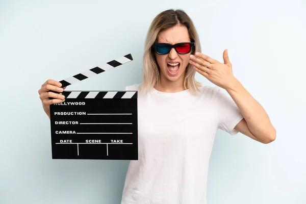 Blonde Woman Looking Unhappy Stressed Suicide Gesture Making Gun Sign — Stockfoto