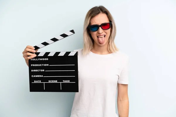 Blonde Woman Feeling Disgusted Irritated Tongue Out Film Movie Concept — Stock Photo, Image