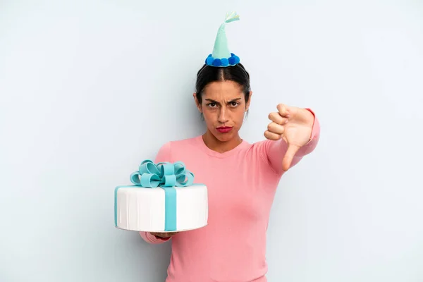 Hispanic Woman Feeling Cross Showing Thumbs Birthday Cake Concept — Stockfoto