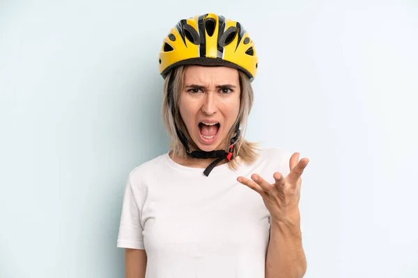 Blonde Woman Looking Angry Annoyed Frustrated Bike Sport Concept — Stockfoto