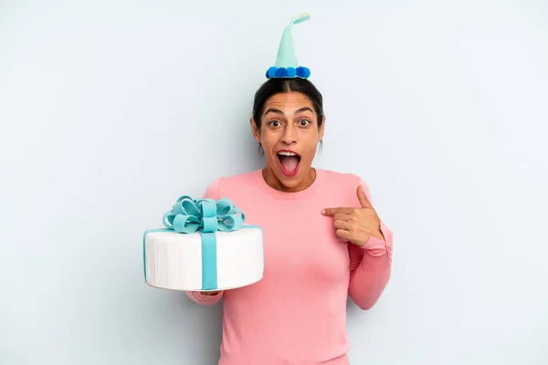 Hispanic Woman Feeling Happy Pointing Self Excited Birthday Cake Concept — Foto Stock