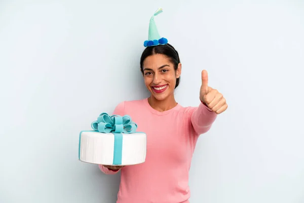 Hispanic Woman Feeling Proud Smiling Positively Thumbs Birthday Cake Concept — Stock fotografie