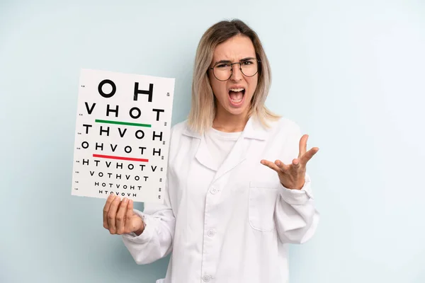 Blonde Woman Looking Angry Annoyed Frustrated Optical Vision Test Concept — Fotografia de Stock