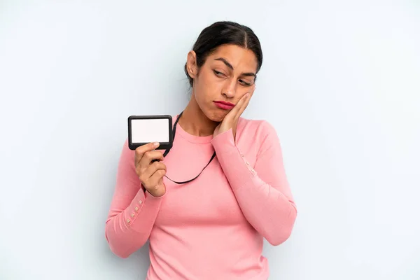 Hispanic Woman Feeling Bored Frustrated Sleepy Tiresome Vip Pass Card — Stockfoto