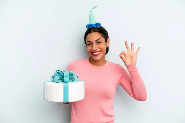 Hispanic Woman Feeling Happy Showing Approval Okay Gesture Birthday Cake — Stockfoto