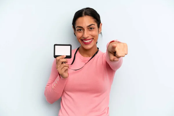 Hispanic Woman Pointing Camera Choosing You Vip Pass Card — Stock fotografie