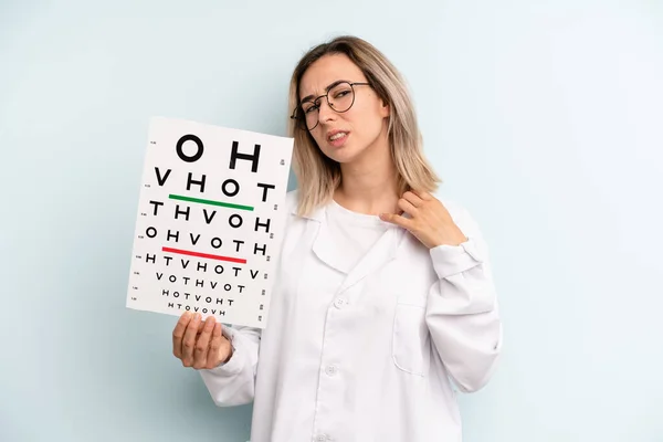 Blonde Woman Feeling Stressed Anxious Tired Frustrated Optical Vision Test —  Fotos de Stock