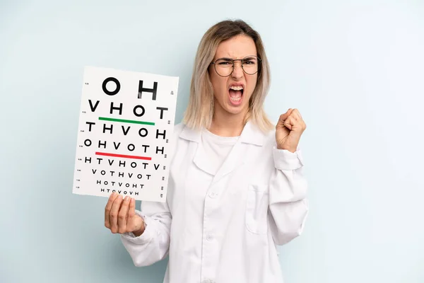 Blonde Woman Shouting Aggressively Angry Expression Optical Vision Test Concept — Stok fotoğraf