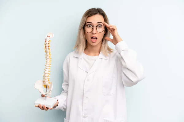 Blonde Woman Looking Happy Astonished Surprised Medicine Student Concept — Stockfoto