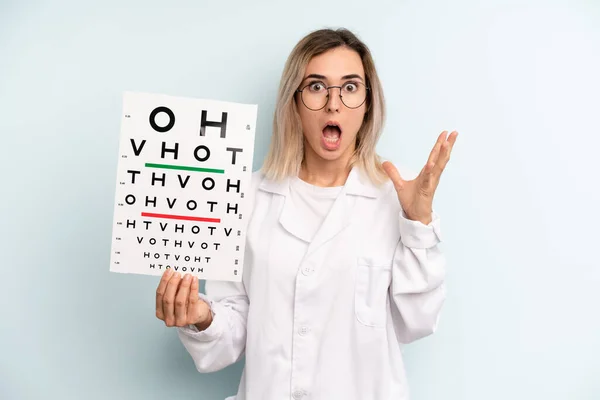 Blonde Woman Feeling Extremely Shocked Surprised Optical Vision Test Concept — Stok fotoğraf