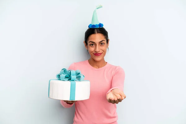 Hispanic Woman Smiling Happily Friendly Offering Showing Concept Birthday Cake — Stok fotoğraf