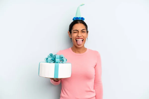 Hispanic Woman Cheerful Rebellious Attitude Joking Sticking Tongue Out Birthday — Stockfoto