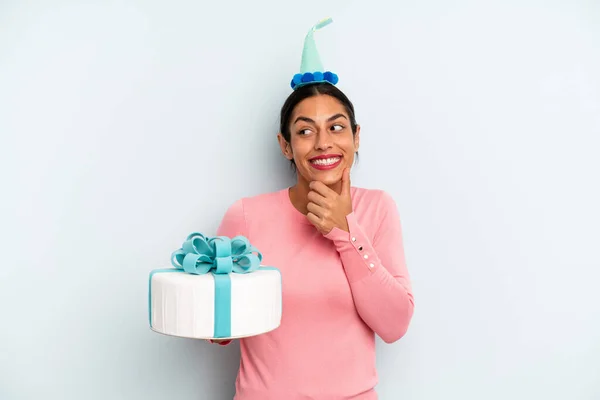 Hispanic Woman Smiling Happy Confident Expression Hand Chin Birthday Cake — Fotografia de Stock