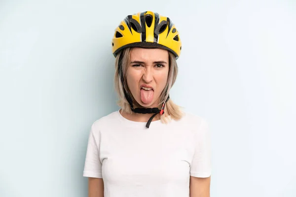 Blonde Woman Feeling Disgusted Irritated Tongue Out Bike Sport Concept — 스톡 사진
