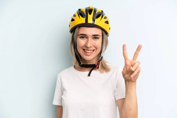 Blonde Woman Smiling Looking Happy Gesturing Victory Peace Bike Sport — Foto Stock