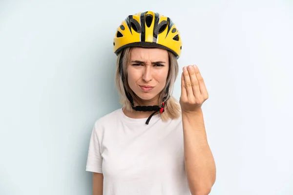 Blonde Woman Making Capice Money Gesture Telling You Pay Bike — Stockfoto