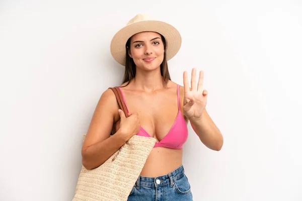 Pretty Girl Smiling Looking Friendly Showing Number Three Summer Hat — Stock Photo, Image