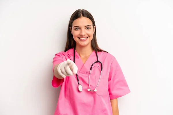 Pretty Woman Pointing Camera Choosing You Nurse Concept — Stock Photo, Image