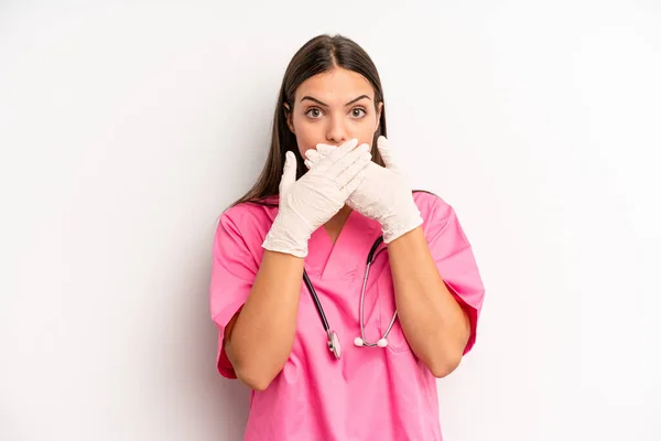 Pretty Woman Covering Mouth Hands Shocked Nurse Concept — Stock Photo, Image