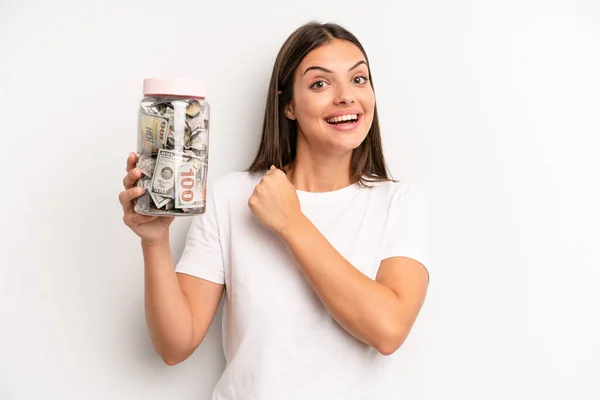 Pretty Woman Feeling Happy Facing Challenge Celebrating Savings Concept — Stock Photo, Image