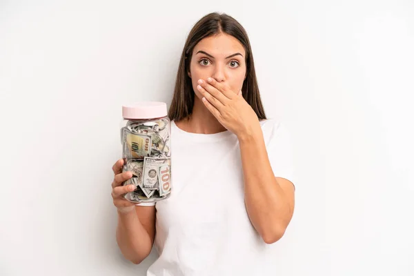 Pretty Woman Covering Mouth Hands Shocked Savings Concept — Stock Photo, Image