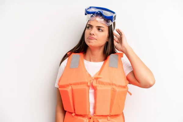 Pretty Girl Smiling Happily Daydreaming Doubting Life Jacket Summer Concept — Stock Photo, Image