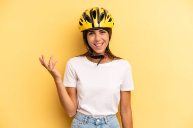 pretty woman feeling happy, surprised realizing a solution or idea. bike sport concept