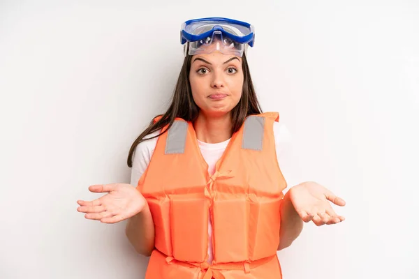 Pretty Girl Feeling Puzzled Confused Doubting Life Jacket Summer Concept — Stock Photo, Image