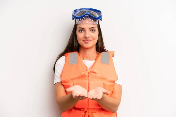 Pretty Girl Smiling Happily Friendly Offering Showing Concept Life Jacket — Stock Photo, Image