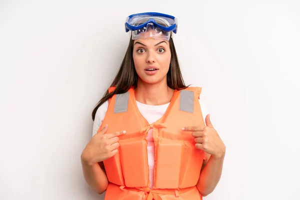 Pretty Girl Feeling Happy Pointing Self Excited Life Jacket Summer — Stock Photo, Image