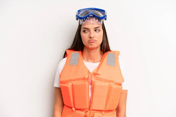 Pretty Girl Feeling Sad Upset Angry Looking Side Life Jacket — Stock Photo, Image