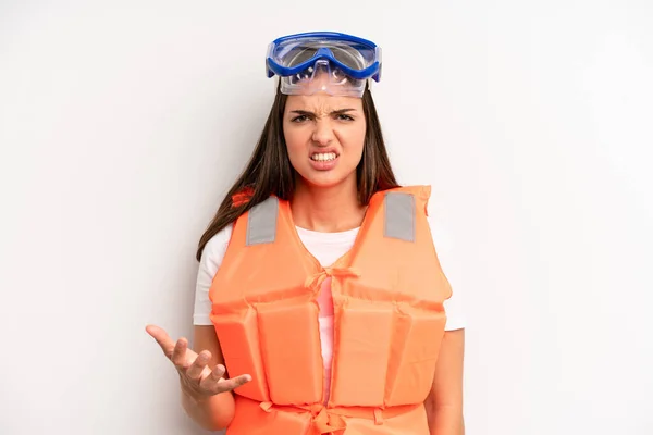 Pretty Girl Looking Angry Annoyed Frustrated Life Jacket Summer Concept — Stock Photo, Image