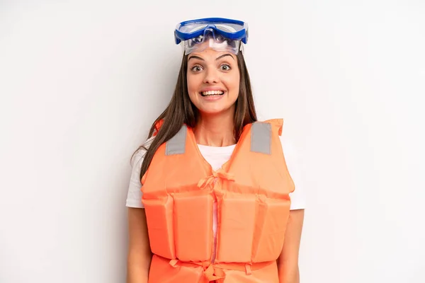 Pretty Girl Looking Happy Pleasantly Surprised Life Jacket Summer Concept — Stock Photo, Image