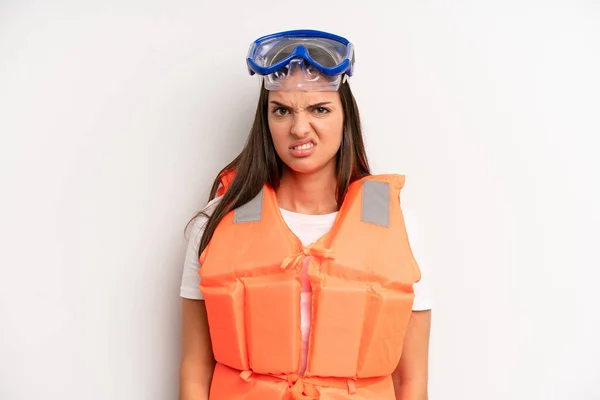 Pretty Girl Feeling Puzzled Confused Life Jacket Summer Concept — Stock Photo, Image