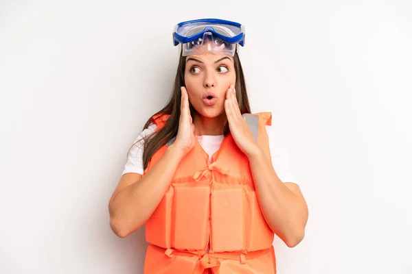 Pretty Girl Feeling Happy Excited Surprised Life Jacket Summer Concept — Stock Photo, Image