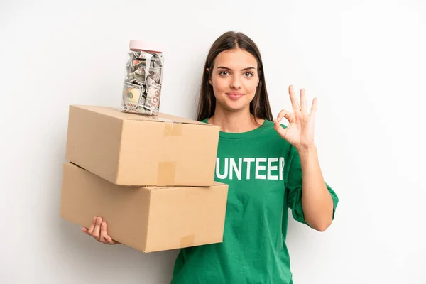 Pretty Woman Feeling Happy Showing Approval Okay Gesture Volunteer Donation — Stok fotoğraf