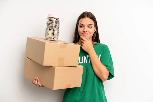 Pretty Woman Smiling Happy Confident Expression Hand Chin Volunteer Donation — Stockfoto