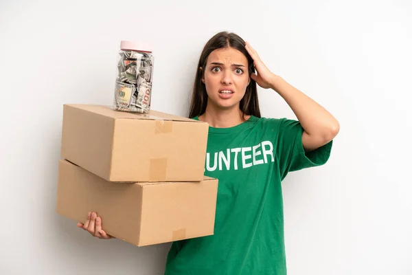 Pretty Woman Feeling Stressed Anxious Scared Hands Head Volunteer Donation — Foto de Stock