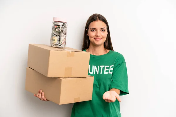 Pretty Woman Smiling Happily Friendly Offering Showing Concept Volunteer Donation — Stockfoto