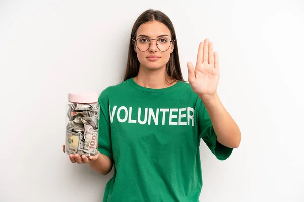 Pretty Woman Looking Serious Showing Open Palm Making Stop Gesture — Fotografie, imagine de stoc