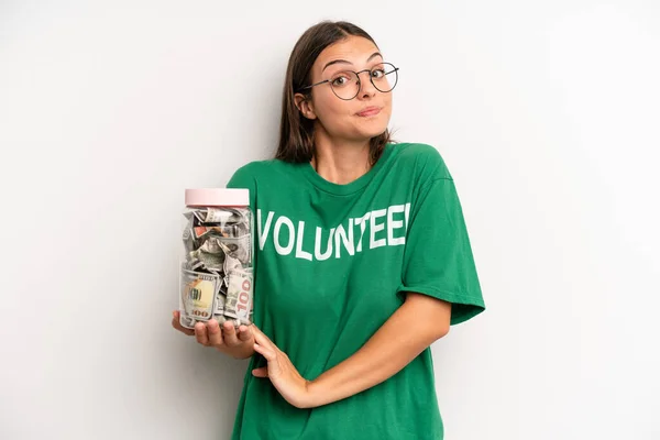 Pretty Woman Shrugging Feeling Confused Uncertain Volunteer Donation Concept — Stockfoto