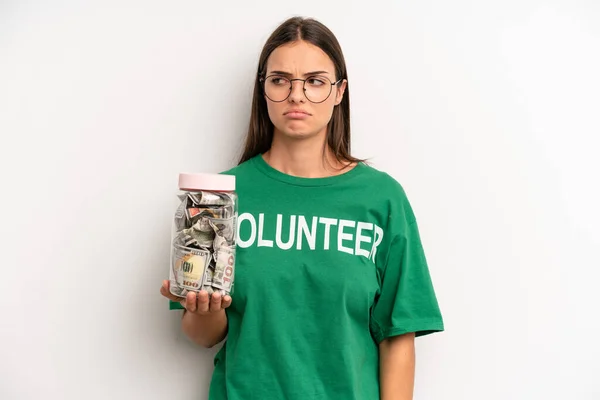 Pretty Woman Feeling Sad Upset Angry Looking Side Volunteer Donation — Stock Photo, Image