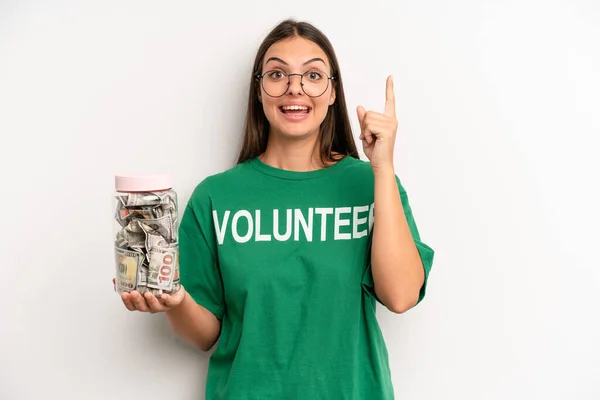 Pretty Woman Feeling Happy Excited Genius Realizing Idea Volunteer Donation — Stockfoto