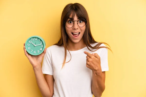 Hispanic Woman Feeling Happy Pointing Self Excited Alarm Clock Concept — Stock Fotó