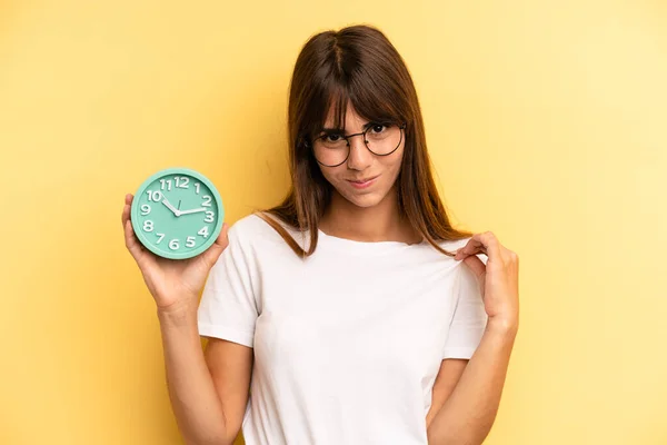 Hispanic Woman Looking Arrogant Successful Positive Proud Alarm Clock Concept — Stockfoto